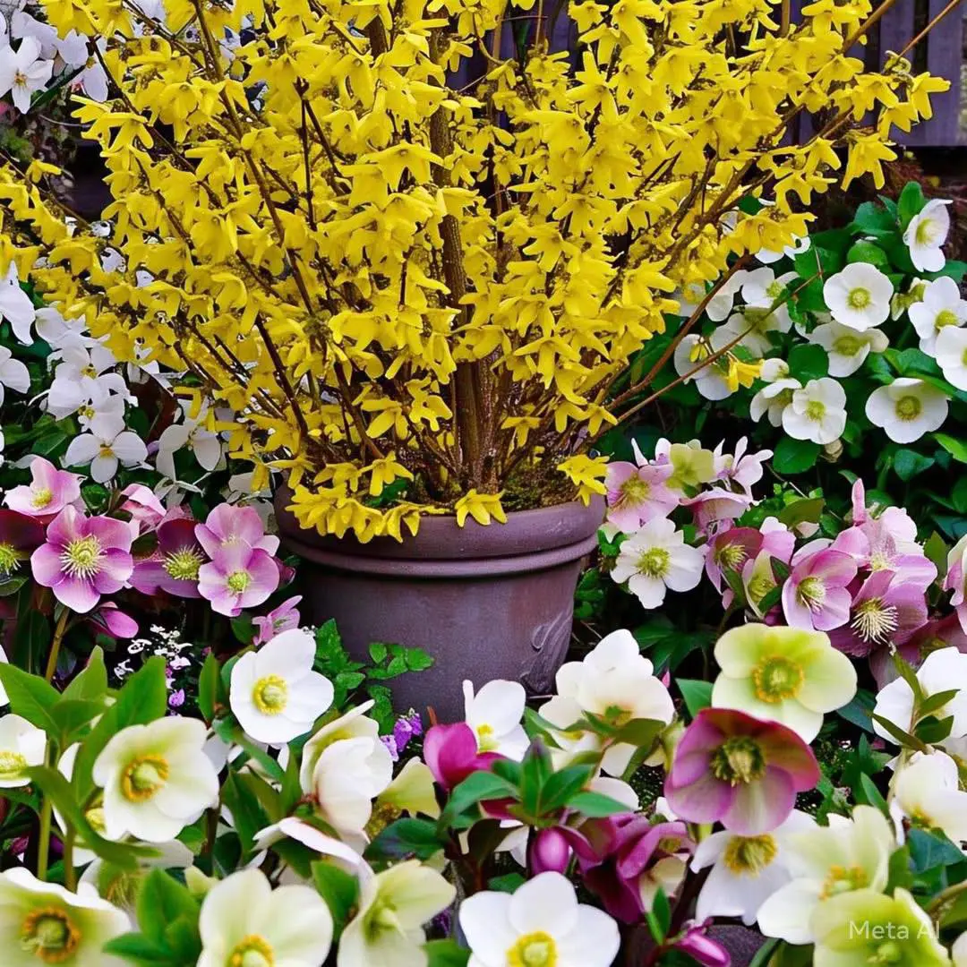 Potted forsythia with bright yellow spring blooms surrounded by mixed hellebores in shades of white, pink and green, showcasing Lakeview Nursery’s container-grown flowering shrubs and perennials